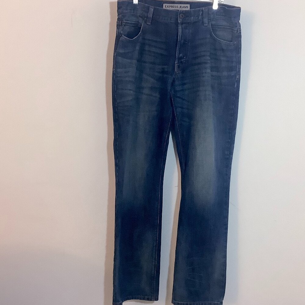 Mens Express Jeans 36 X 34 Classic Fit Straight Leg Button Faded Denim Cotton